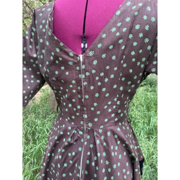 Vintage 1940s Brown Polished Cotton Floral Dress Art Deco - Picture 2 of 16